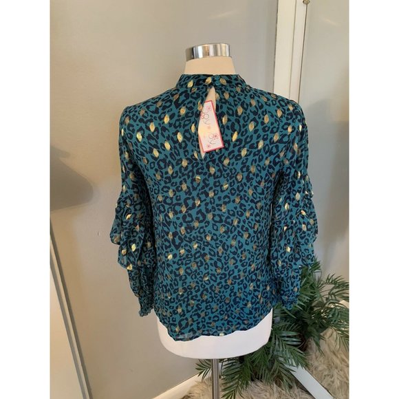 Cheetah Blouse Ruffle High Neck Turquoise Gold S NWT long sleeve animal Print - Picture 5 of 11
